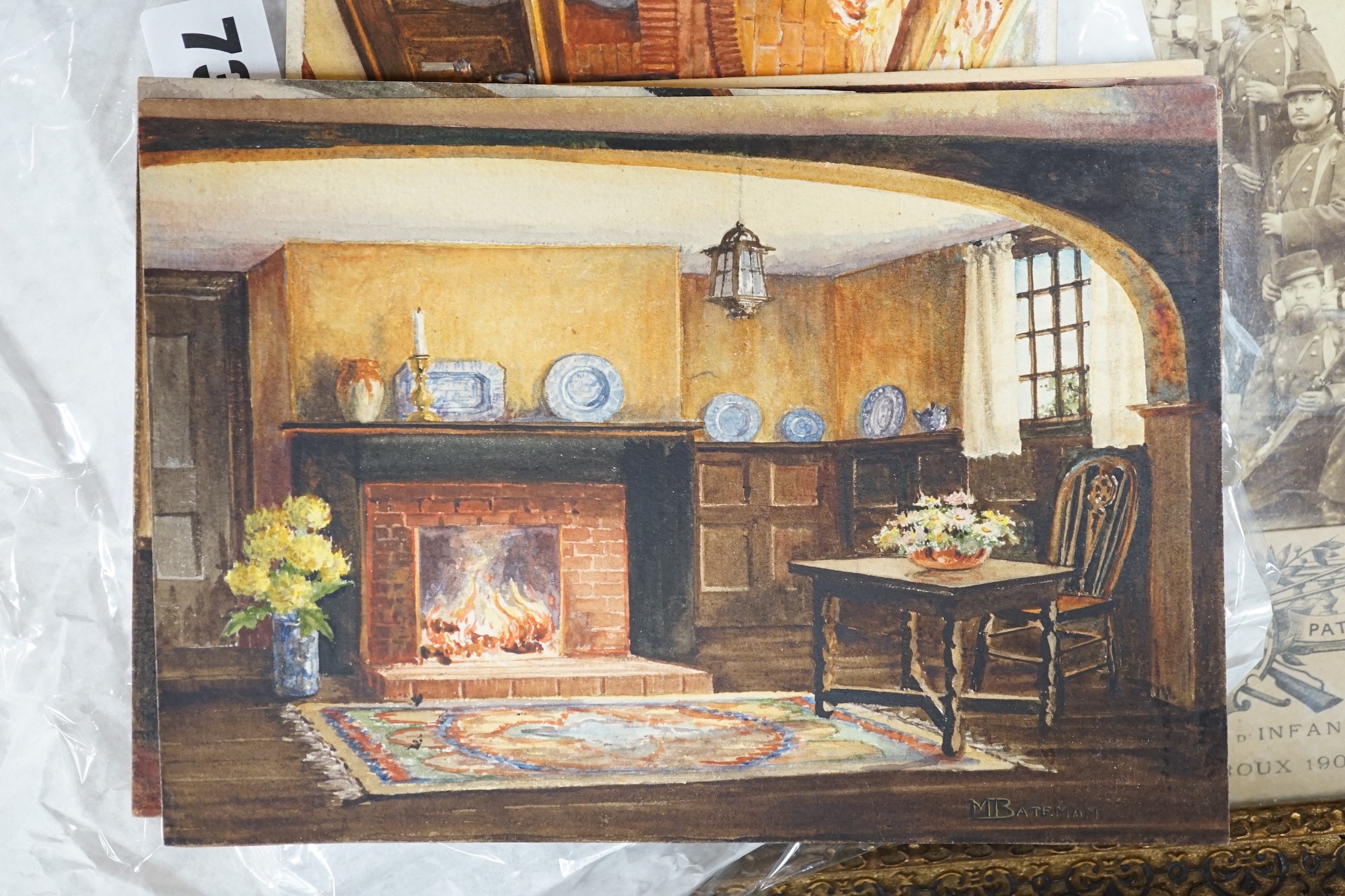 Marjorie Bateman, set of seven original watercolour artworks for postcards, Cottage interiors, largest 19.5 x 14cm, unframed